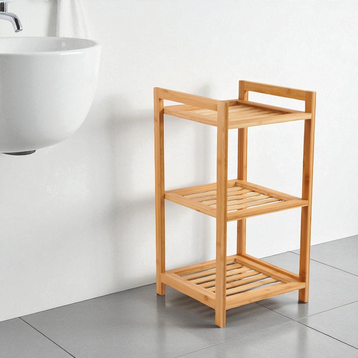 Bamboo Bathroom Shelf Organizer with Three Open Tiers and Natural Wood Finish All Vera Mart
