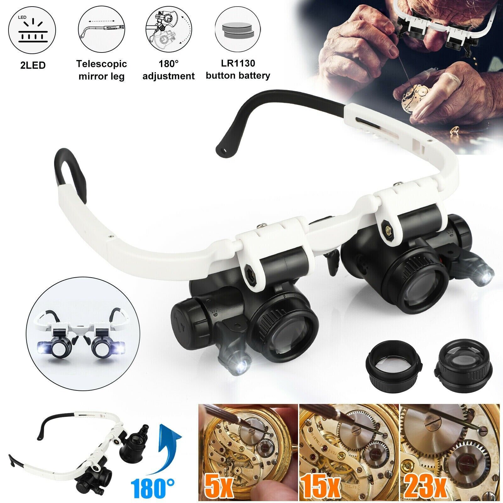Headband Magnifier with 4 Interchangeable Lenses and LED Light for Jewelry Work All Vera Mart