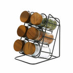 Glass Spice Jar Set with Slanted Wooden Stand and Airtight Lids All Vera Mart