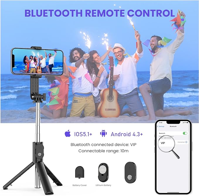 Extendable Selfie Stick with Wireless Remote and Fill Light, Tripod Base All Vera Mart