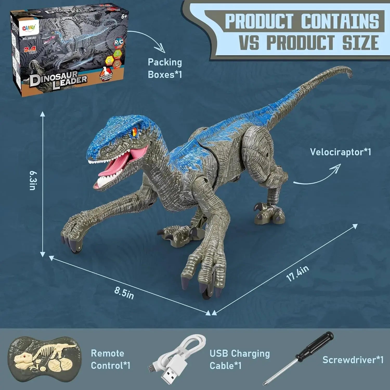 Velociraptor Toy with 2.4GHz Remote and Lifelike Motion, Lights, Rechargeable USB All Vera Mart