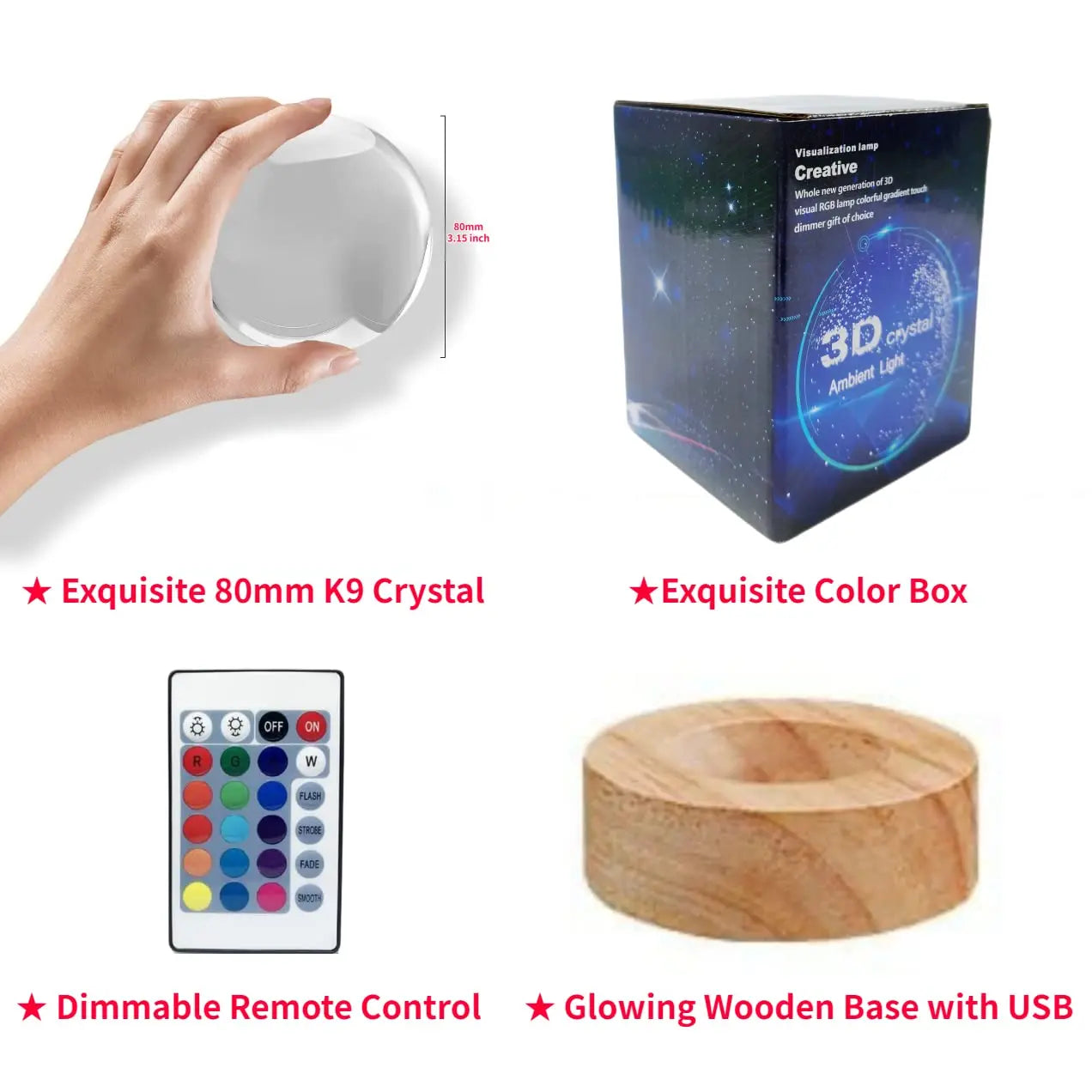 Axolotl 3D Crystal Lamp with Wooden Base and USB Power, 16-Color LED Night Light All Vera Mart