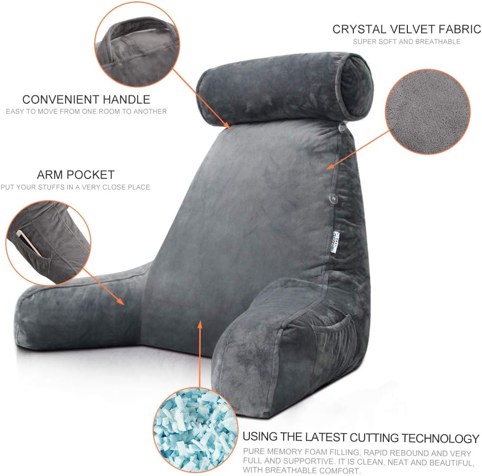 Bed Reading Pillow with Adjustable Neck Rest and Side Pocket, 30x18 Inches All Vera Mart