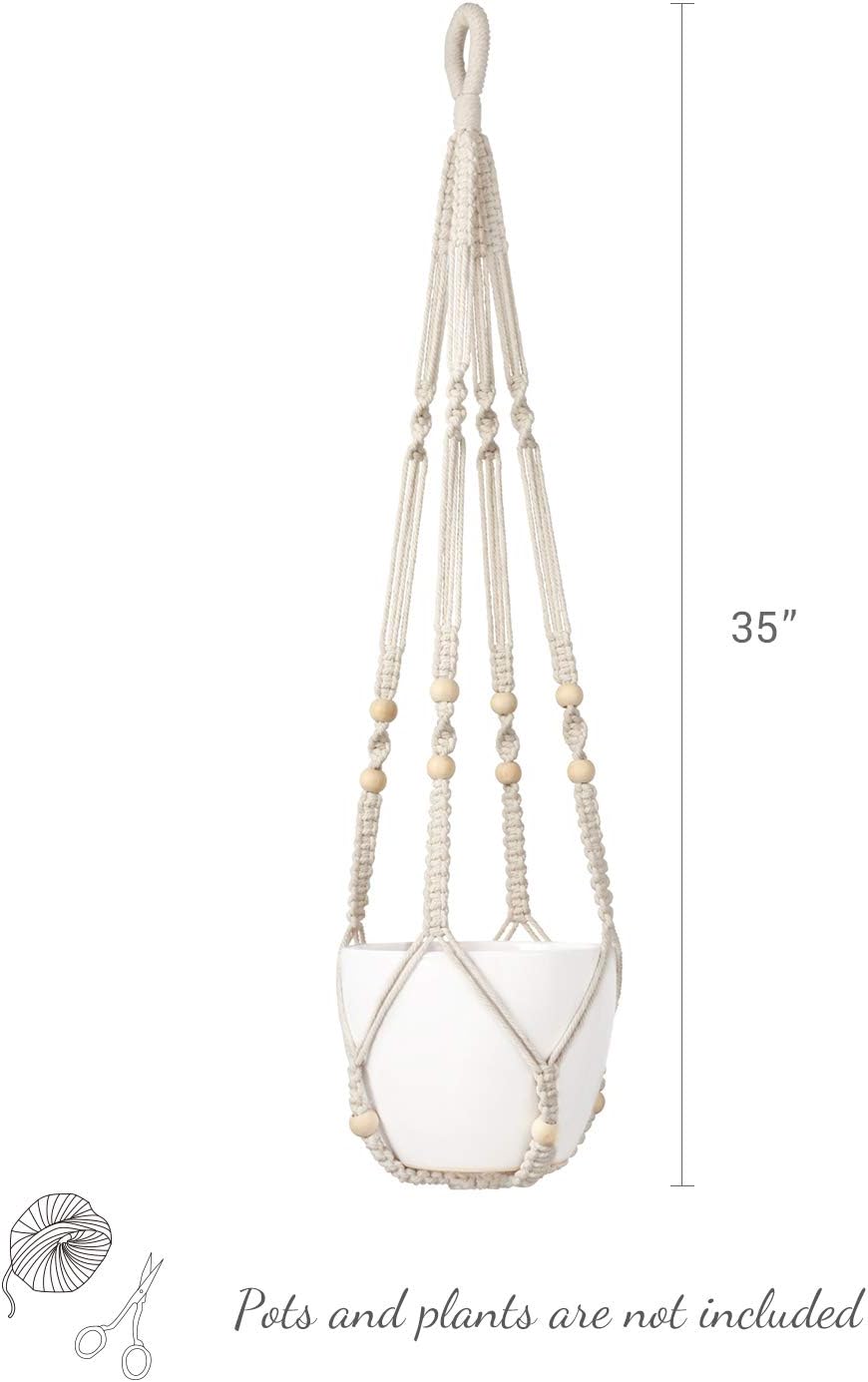 Macramé Plant Hanger with Cotton Cord and Wooden Ring for 9-Inch Pots All Vera Mart