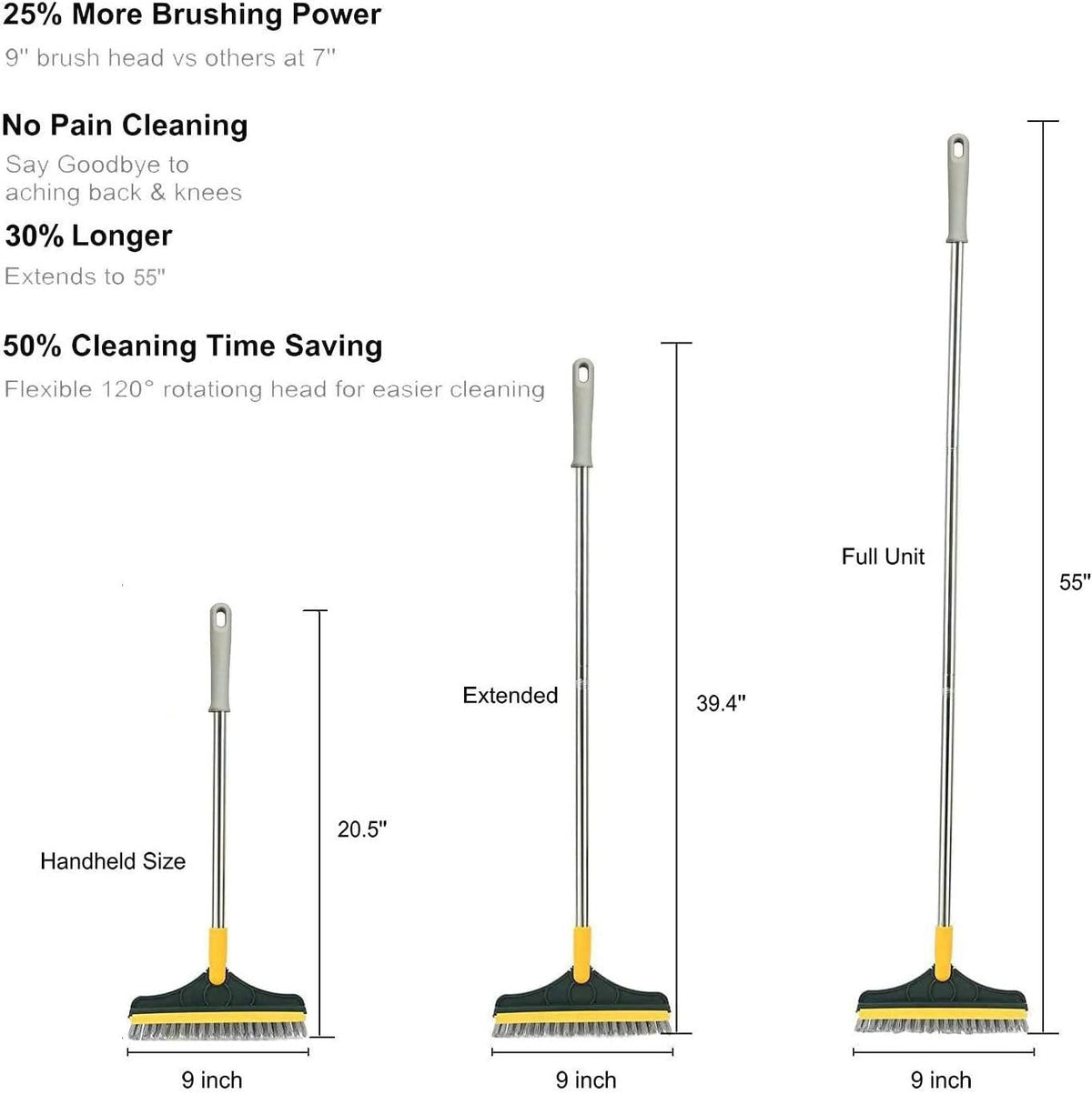 Long Handle Floor Scrub Brush with Rotating Head and Squeegee Blade All Vera Mart
