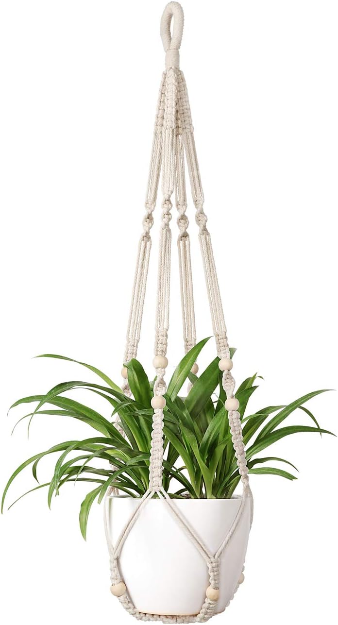 Macramé Plant Hanger with Cotton Cord and Wooden Ring for 9-Inch Pots All Vera Mart