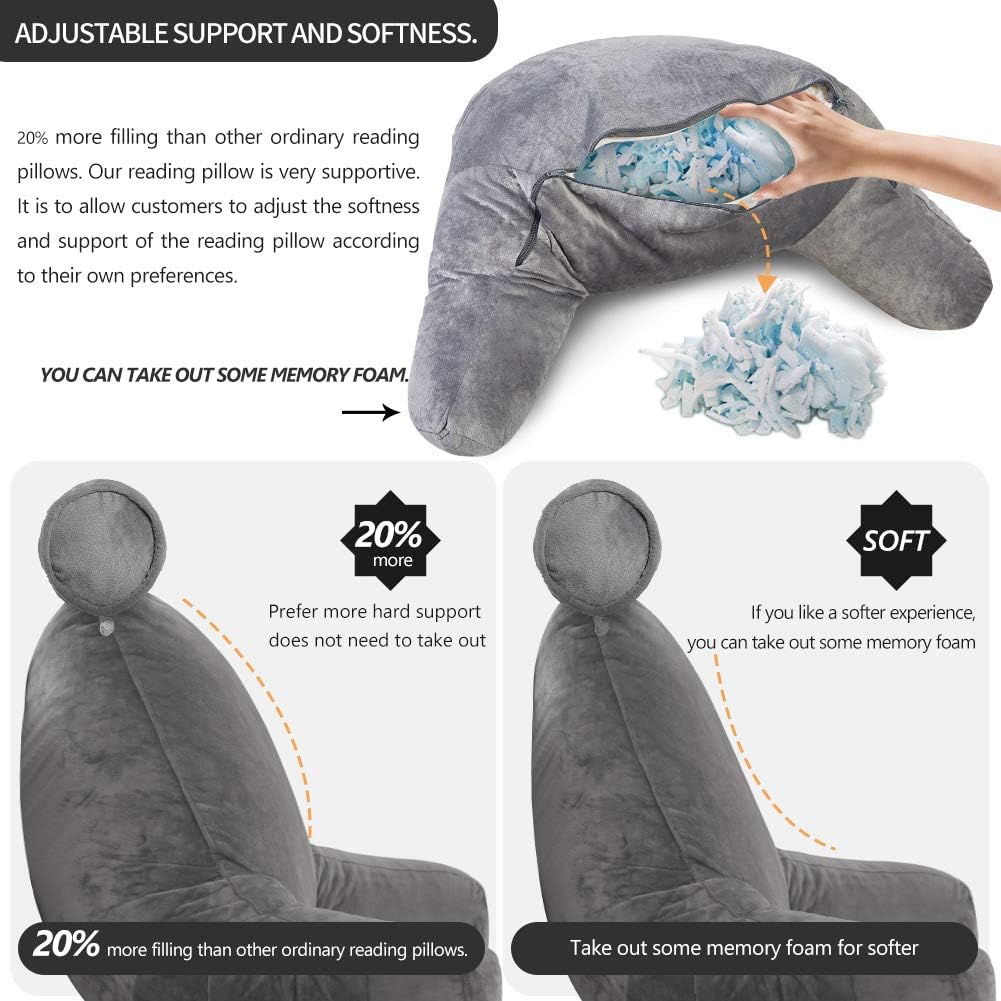 Bed Reading Pillow with Adjustable Neck Rest and Side Pocket, 30x18 Inches All Vera Mart