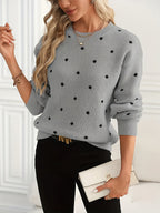 Womens Polka Dot Crew Neck Sweater with Soft Warm Knit and Relaxed Fit in Khaki or Gray