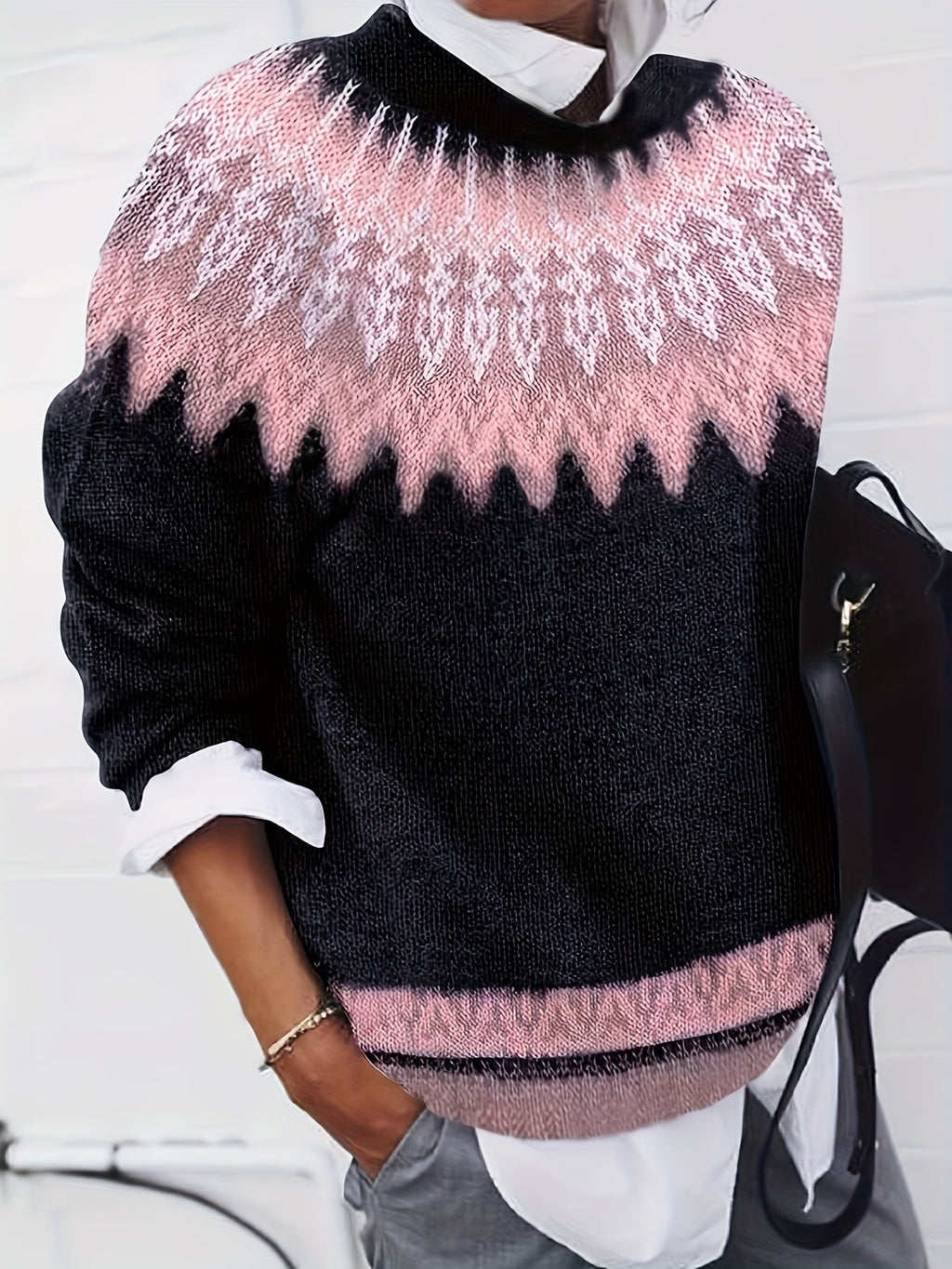 Womens Chunky Jacquard Round Neck Sweater with a Nature Inspired Pattern in Eight Colors