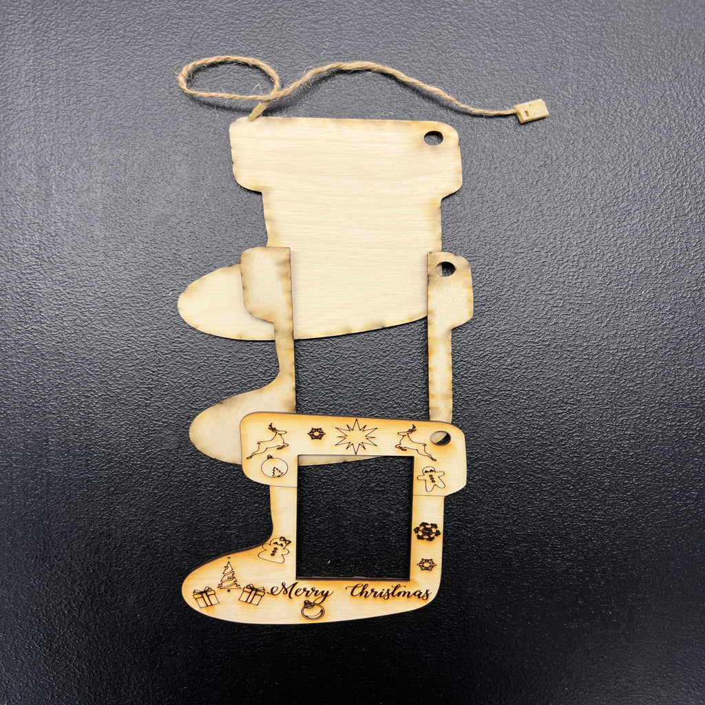 Stocking Photo Holder Wood Ornament Kit in an Unfinished Paint Yourself Style or a Painted and Assembled Style