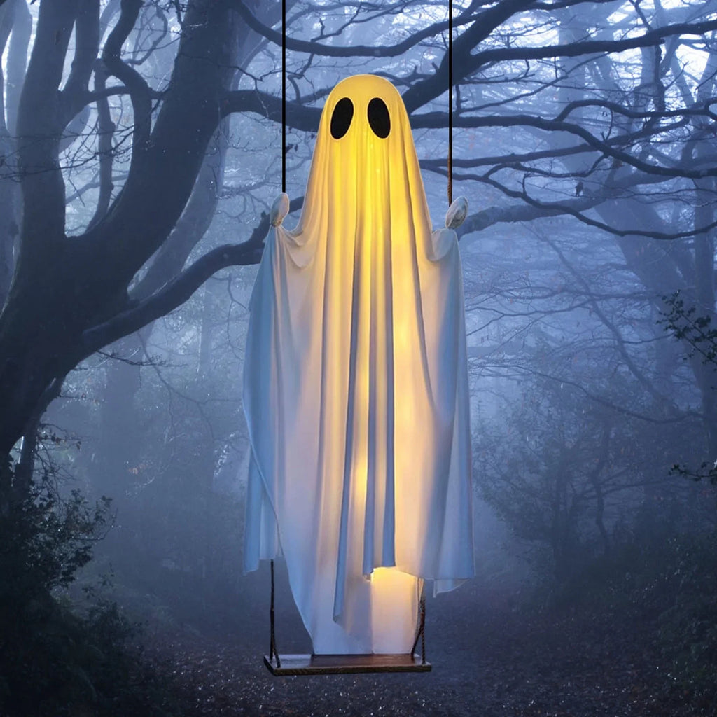 Illuminated Hanging Ghost Swing with String Lights and Wooden Seat, Outdoor Halloween Decoration All Vera Mart