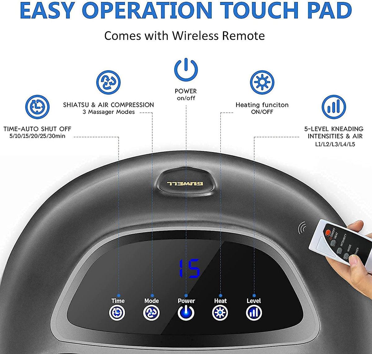 Electric Foot Massager with Kneading Nodes and Heat, Remote Control All Vera Mart