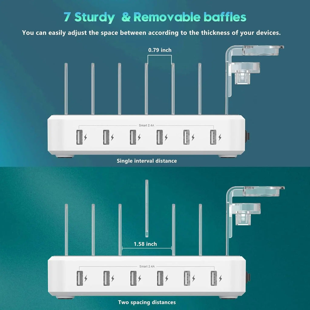 6-Port Charging Station with Adjustable Dividers and Earbud Holder, 60W Output All Vera Mart