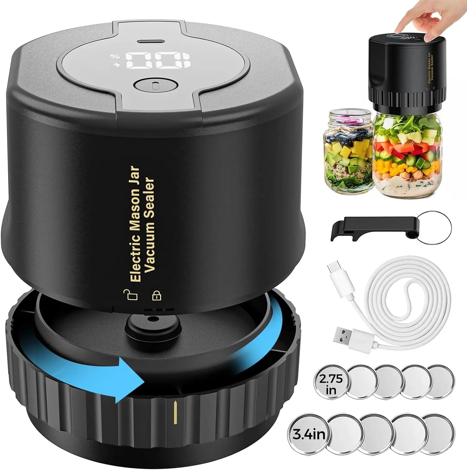 Jar Vacuum Sealer with Cordless Rechargeable Battery and One-Touch Seal All Vera Mart