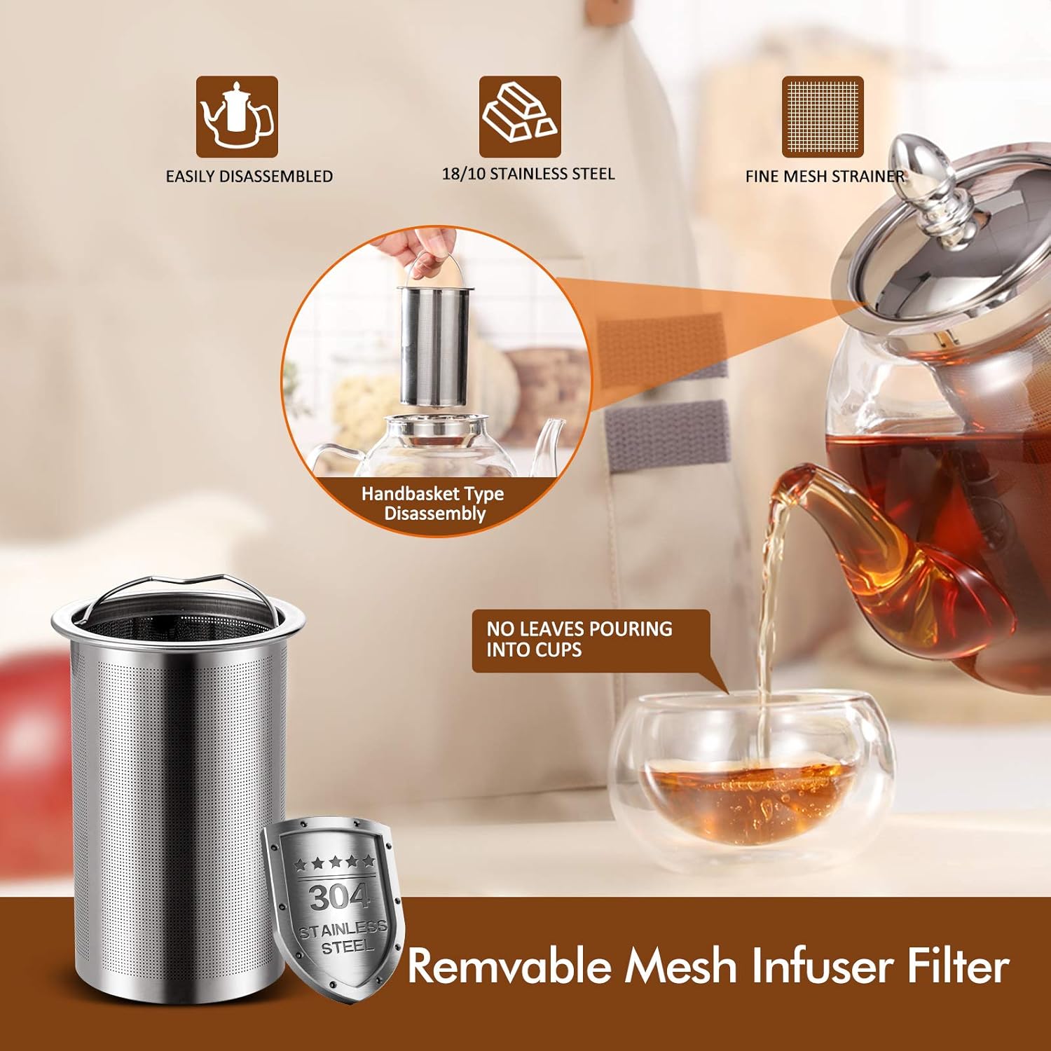Loose Leaf Tea Brewing Pot 1000ml with Stainless Steel Mesh Infuser and Non-Drip Spout All Vera Mart