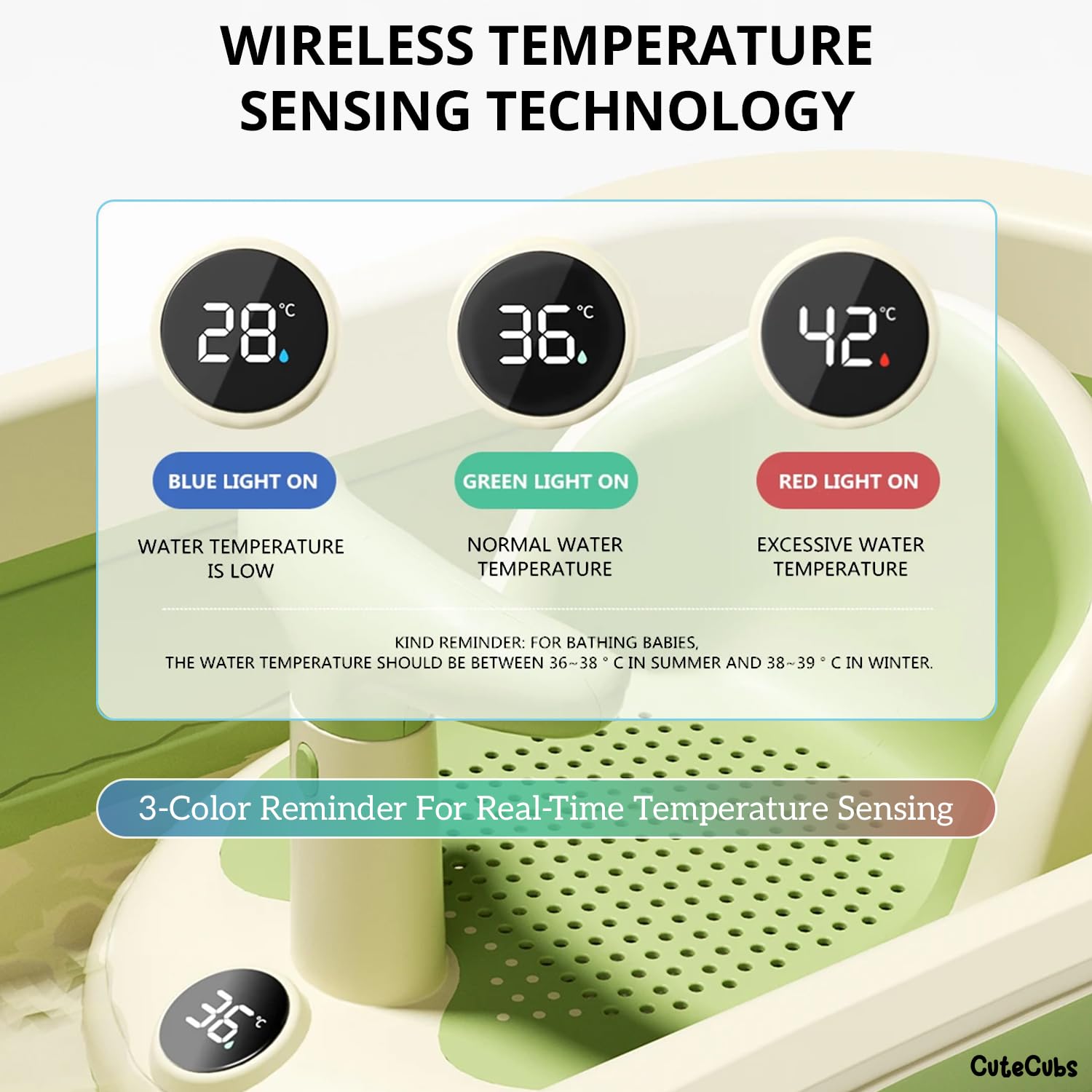 Infant Bath Seat with Wireless Thermometer and Mesh Sling, Suction Cup Base All Vera Mart