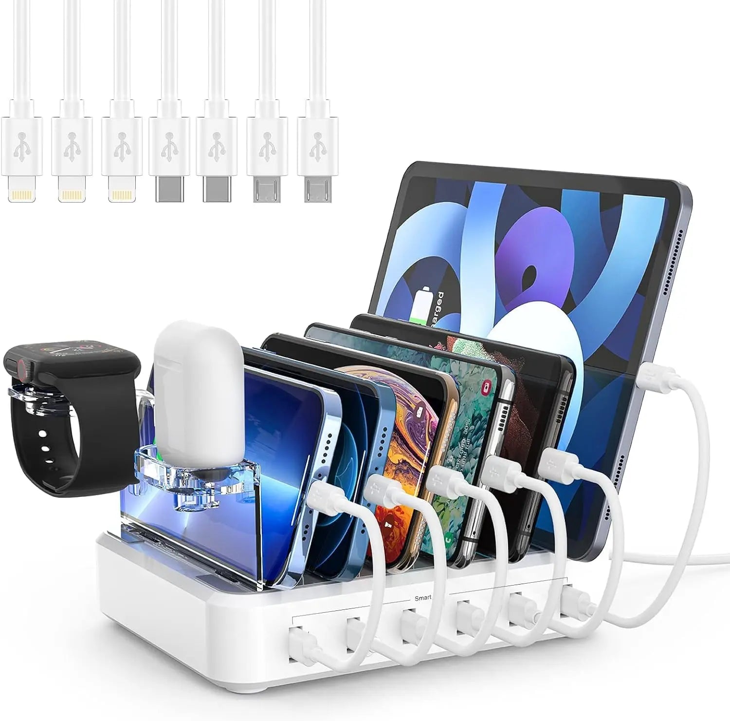 6-Port Charging Station with Adjustable Dividers and Earbud Holder, 60W Output All Vera Mart