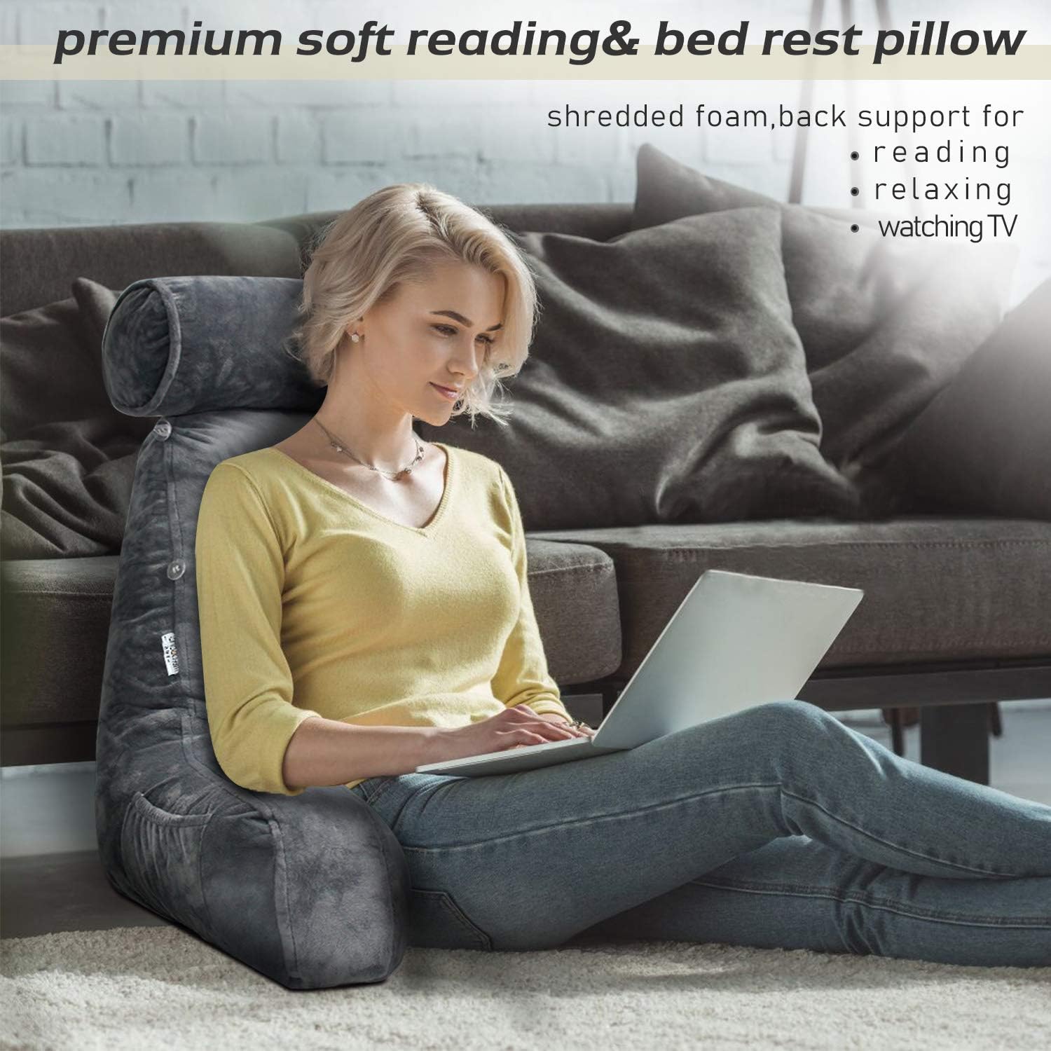 Bed Reading Pillow with Adjustable Neck Rest and Side Pocket, 30x18 Inches All Vera Mart