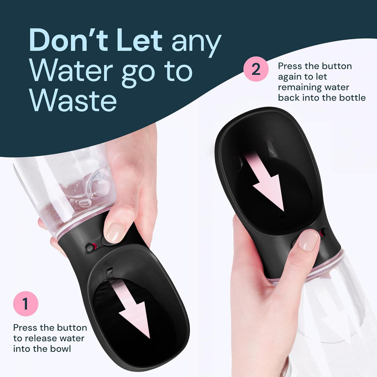 Dog Water Bottle with Attached Bowl and One Hand Button Control, 19oz All Vera Mart