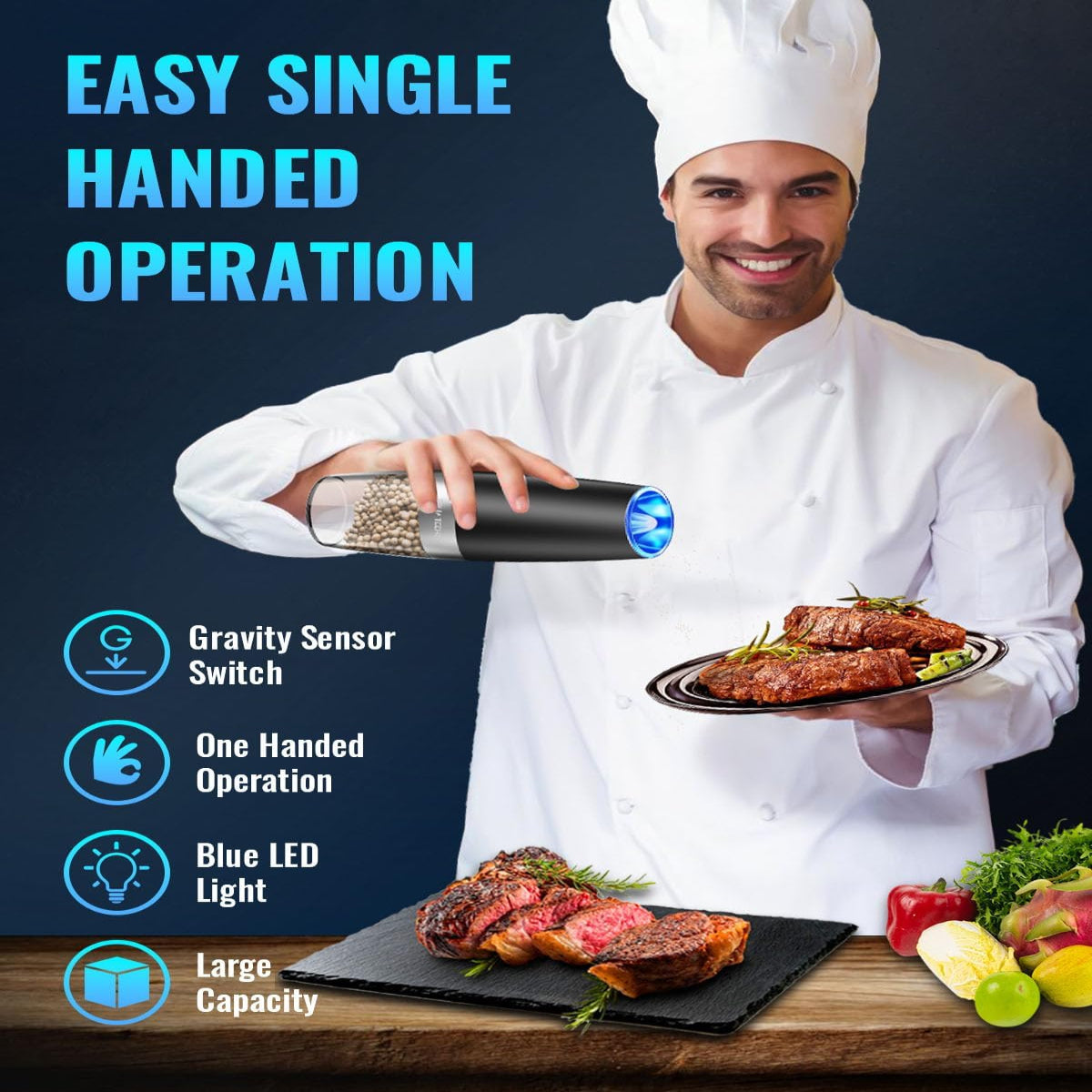 One-Hand Electric Grinder with Gravity Sensor and Ceramic Rotor, LED Light All Vera Mart