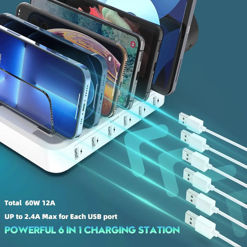 6-Port Charging Station with Adjustable Dividers and Earbud Holder, 60W Output All Vera Mart