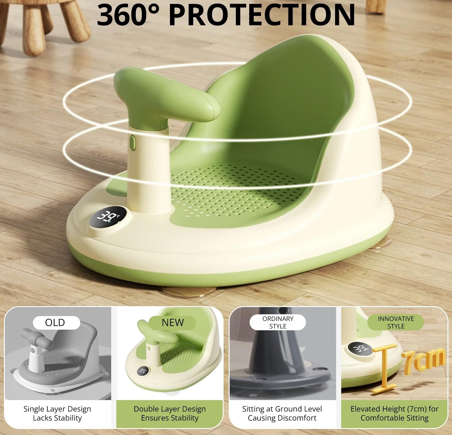 Infant Bath Seat with Wireless Thermometer and Mesh Sling, Suction Cup Base All Vera Mart