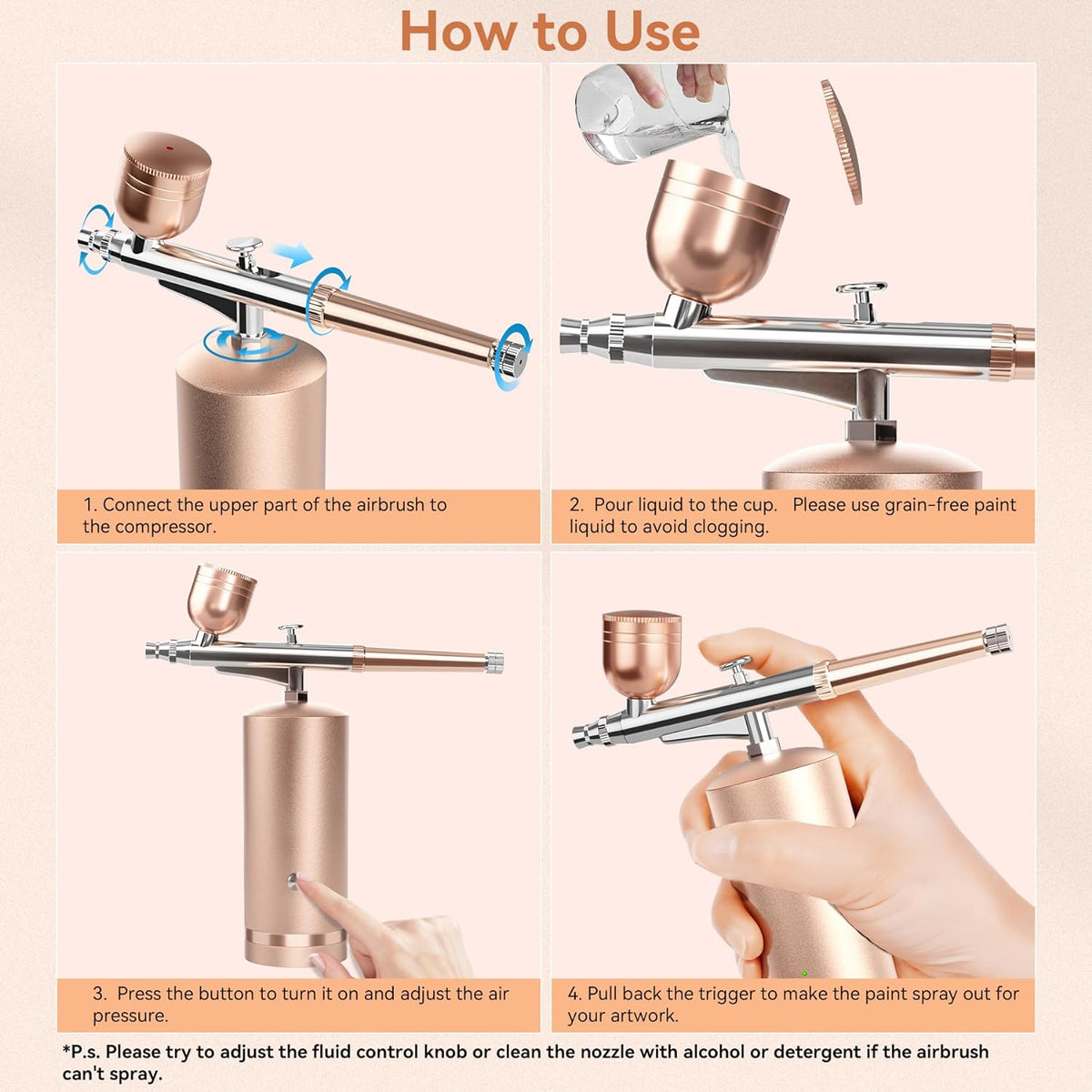 Rechargeable Airbrush with 60-Minute Runtime and Three Pressure Settings All Vera Mart