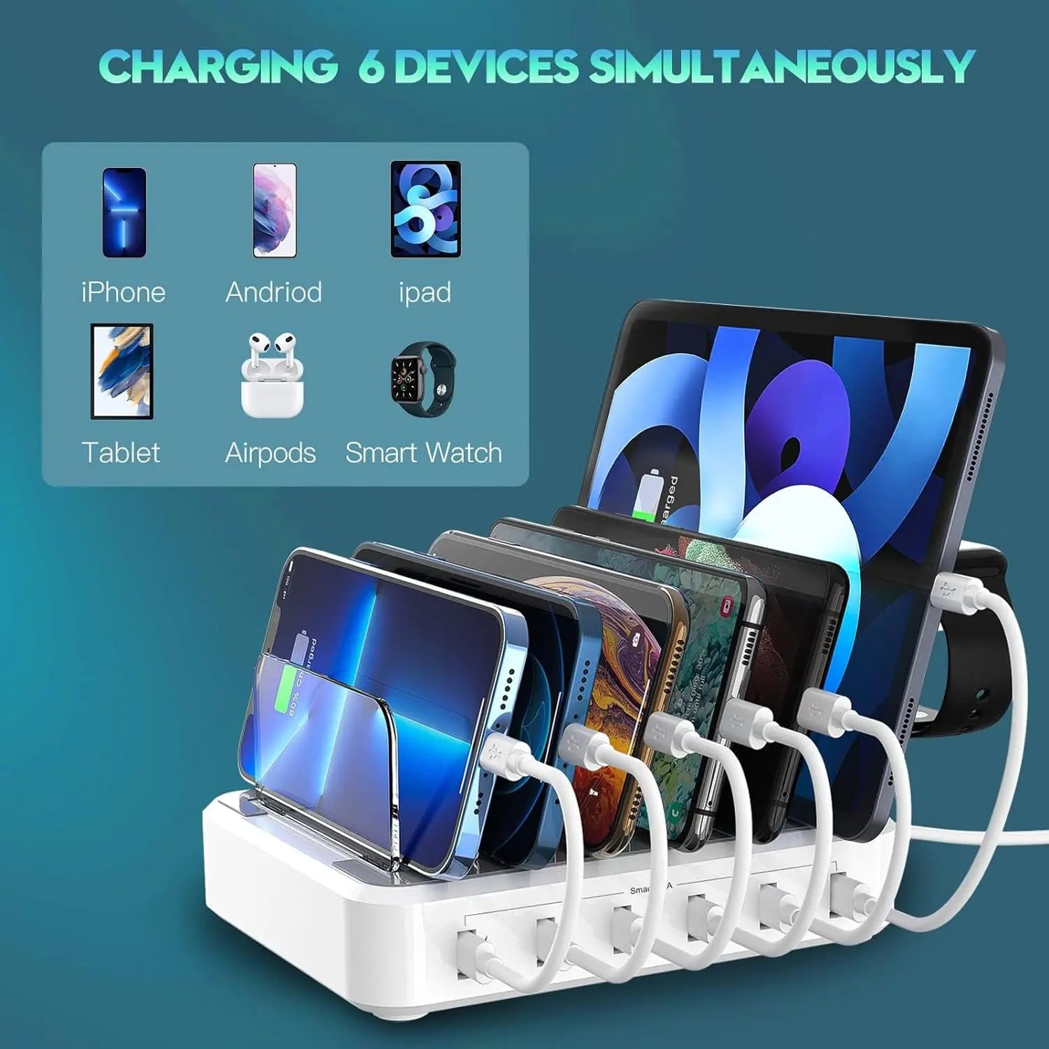 6-Port Charging Station with Adjustable Dividers and Earbud Holder, 60W Output All Vera Mart