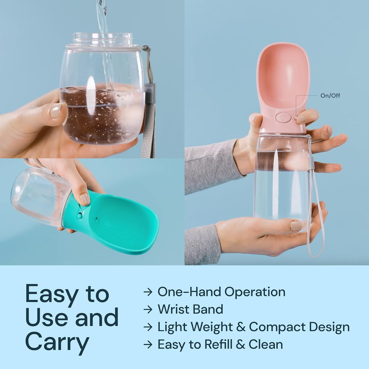 Dog Water Bottle with Attached Bowl and One Hand Button Control, 19oz All Vera Mart