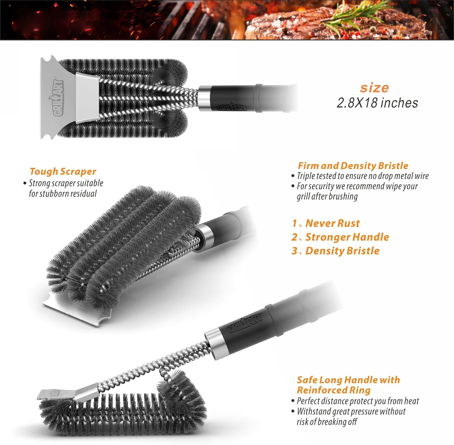 Triple Head Grill Brush with Rotating Design and 18-Inch Handle, Steel Bristles All Vera Mart
