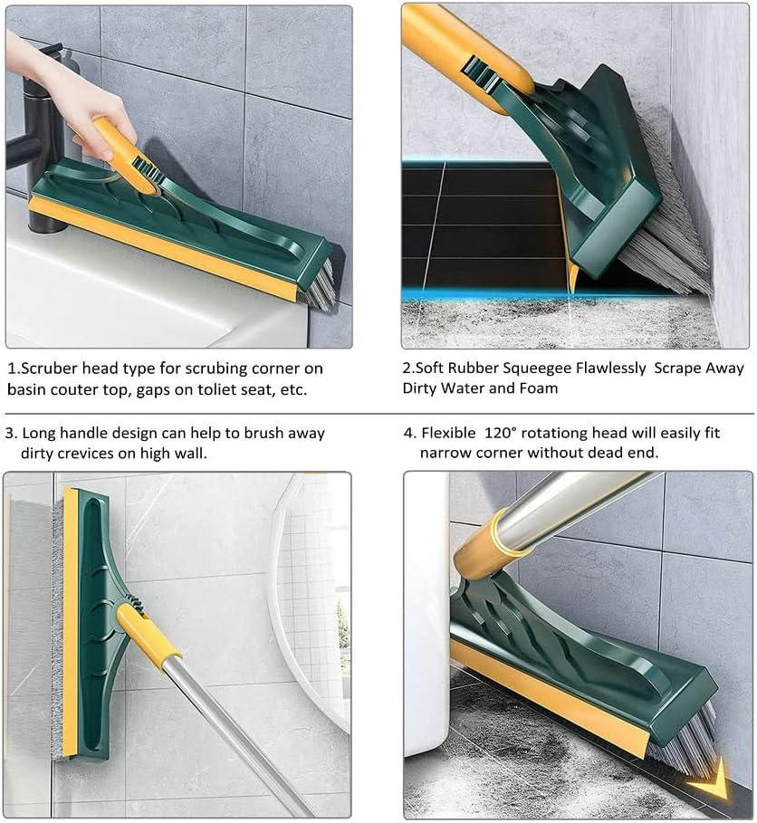 Long Handle Floor Scrub Brush with Rotating Head and Squeegee Blade All Vera Mart