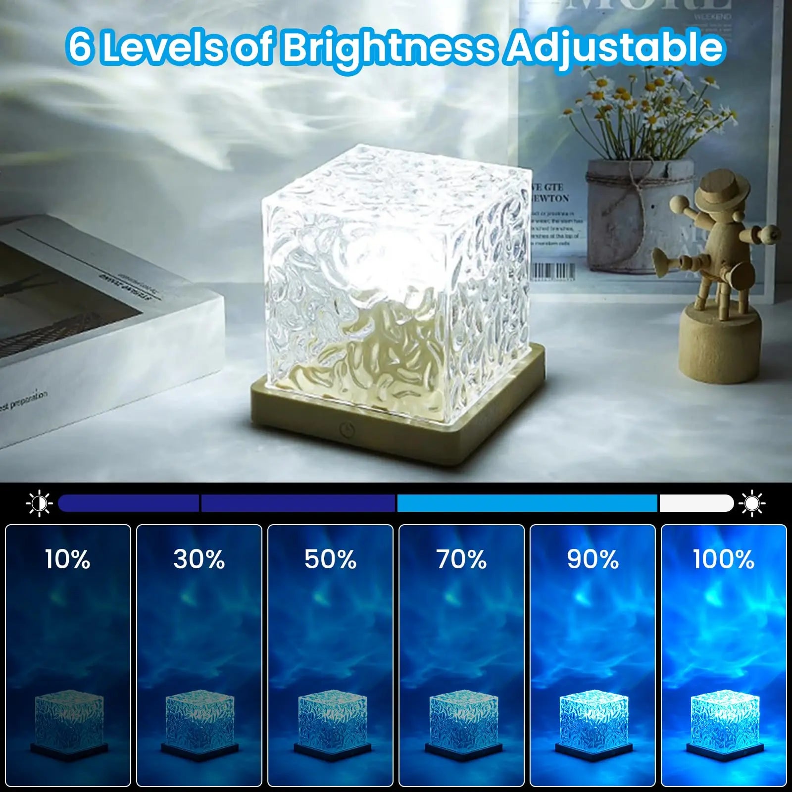 Ocean Wave Projector with 16-Color LEDs and Remote Control, Wood-Textured Cube for Bedroom All Vera Mart