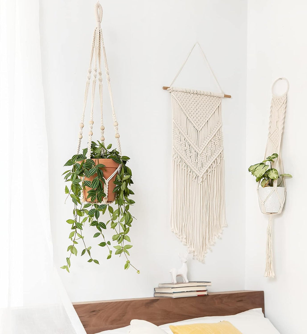 Macramé Plant Hanger with Cotton Cord and Wooden Ring for 9-Inch Pots All Vera Mart