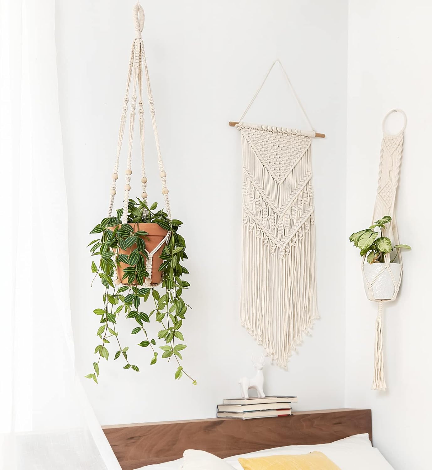 Macramé Plant Hanger with Cotton Cord and Wooden Ring for 9-Inch Pots All Vera Mart