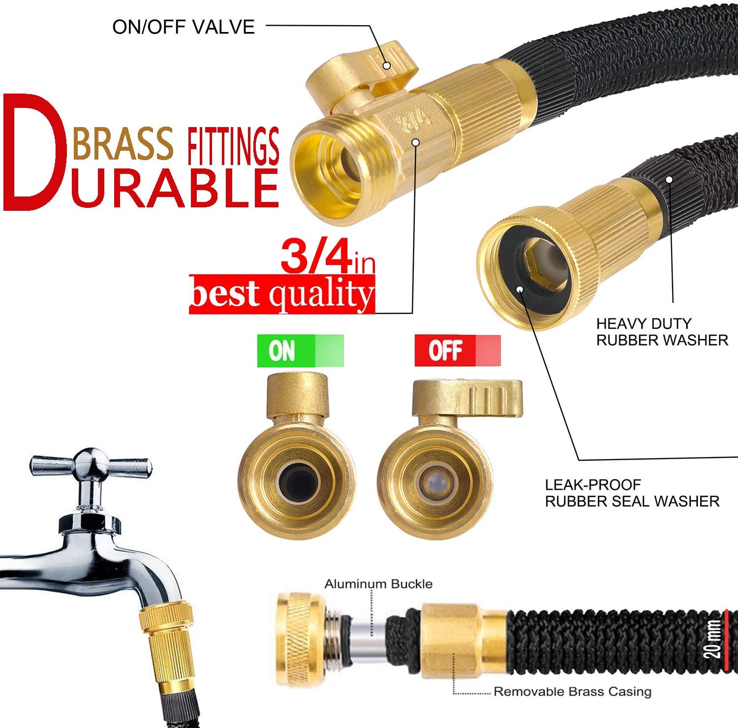 Expandable Garden Hose with Brass Fittings and Integrated Shutoff Valve, Storage Bag All Vera Mart