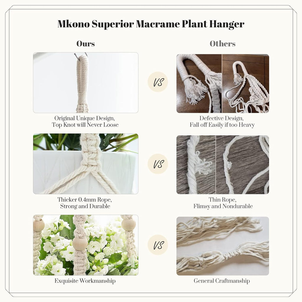 Macramé Plant Hanger with Cotton Cord and Wooden Ring for 9-Inch Pots All Vera Mart