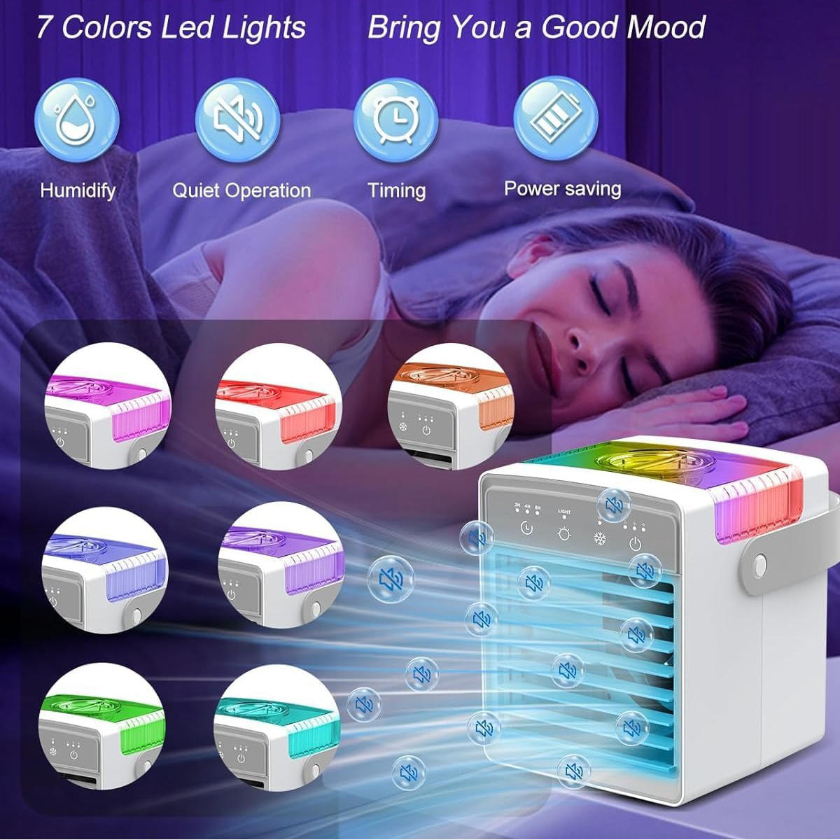 Evaporative Mist Cooler with 7-Color Night Light and 3-Speed Fan, Portable USB All Vera Mart