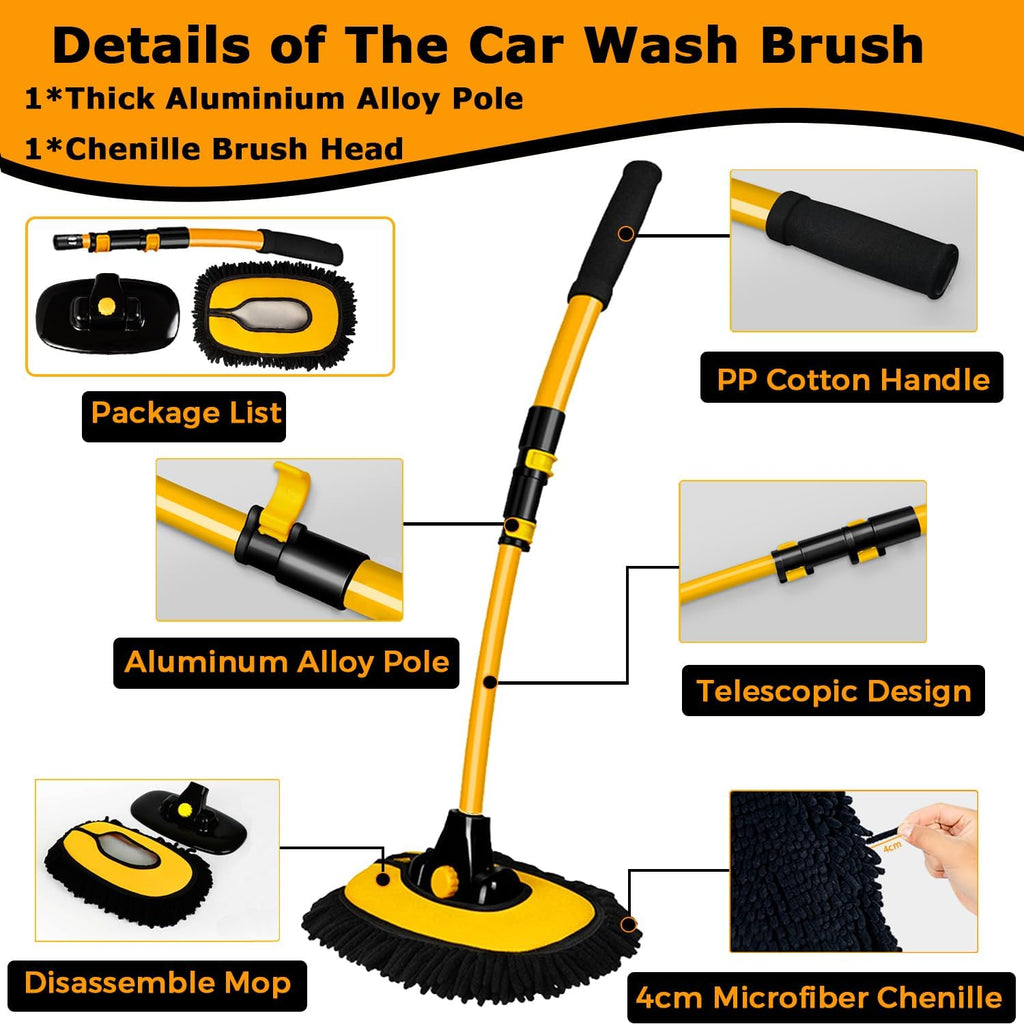 Telescopic Car Wash Brush with Rotating Head and Microfiber Bristles, 19-40 Inches All Vera Mart