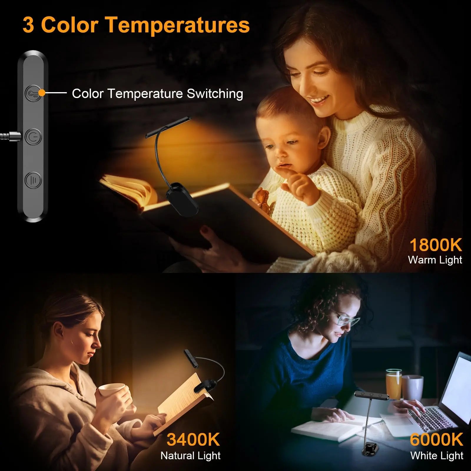 Clip-On Book Light with Wide Head and 360° Gooseneck, USB-C Rechargeable All Vera Mart