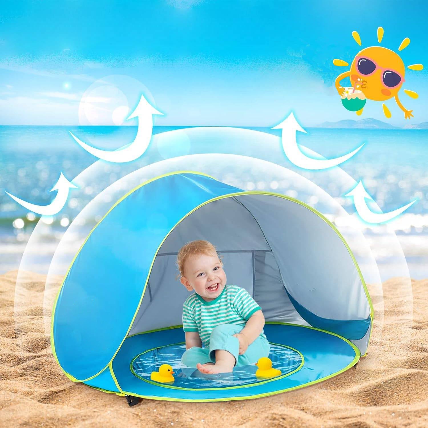 Pop Up Beach Tent with UPF 50+ Sun Protection and Built-In Splash Pool All Vera Mart