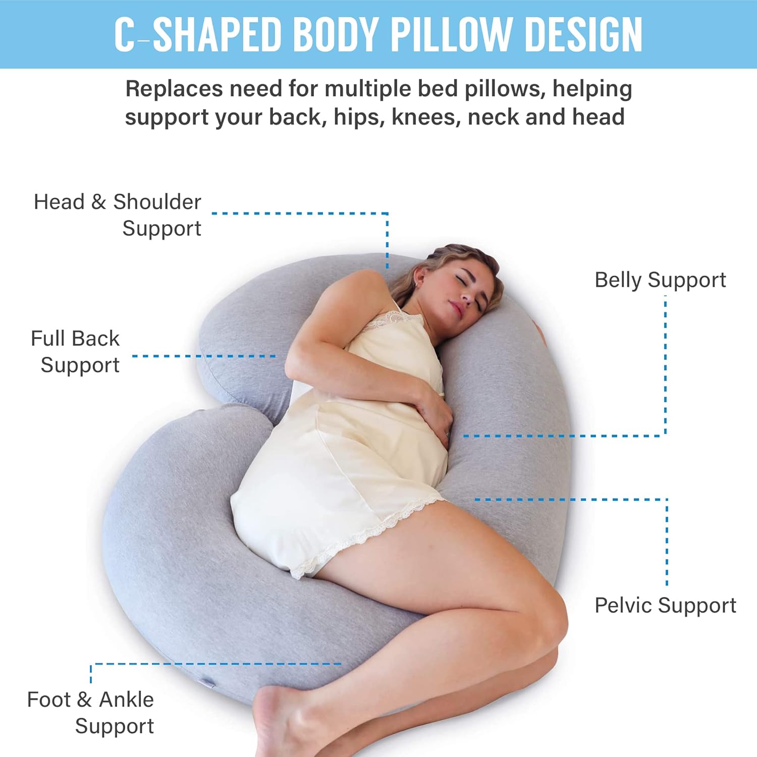 Full Body Pregnancy Pillow with Semicircular C Shape and Machine Washable Jersey Cover All Vera Mart