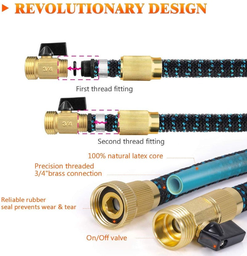 Expandable Garden Hose with Brass Fittings and Integrated Shutoff Valve, Storage Bag All Vera Mart