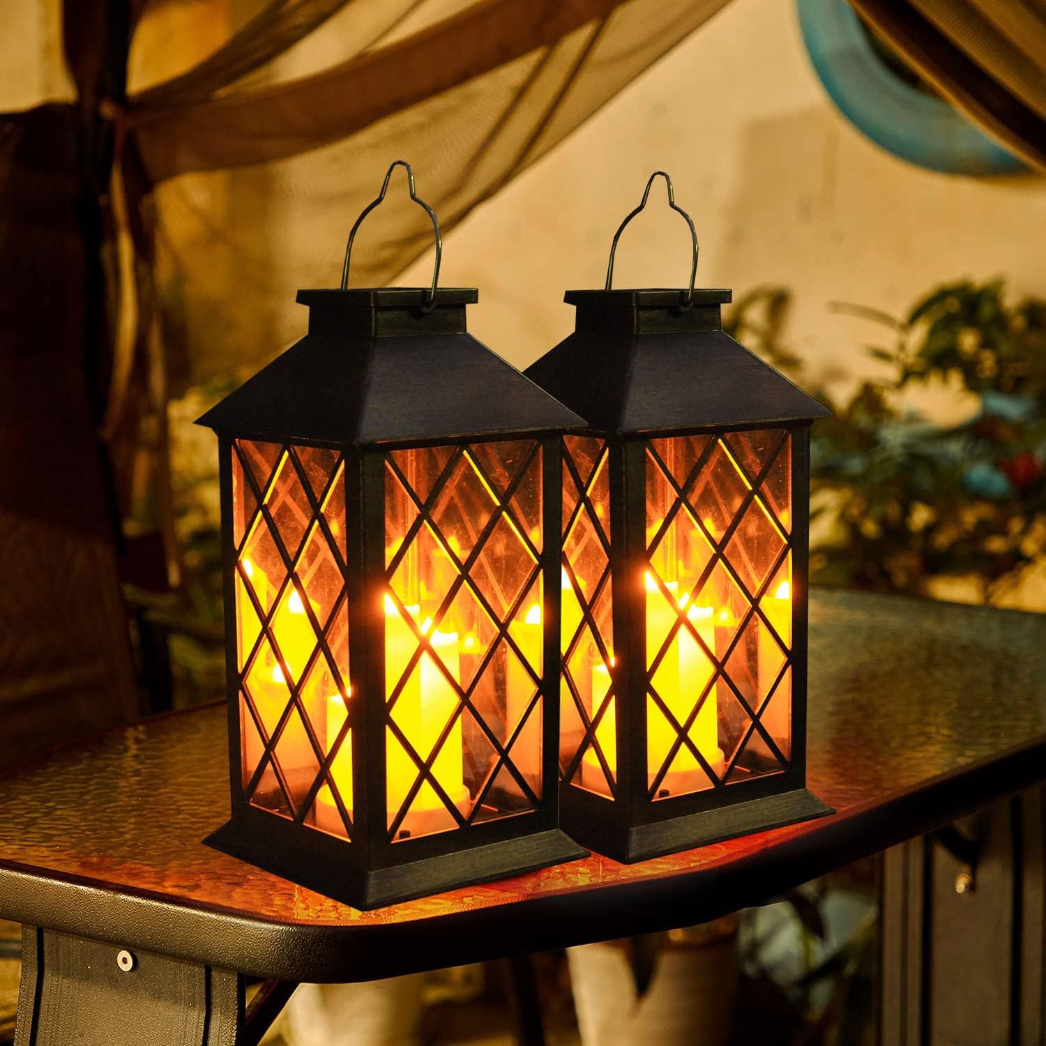 Solar Hanging Lantern with Triple Flickering LED Candles and Auto Light Sensor All Vera Mart