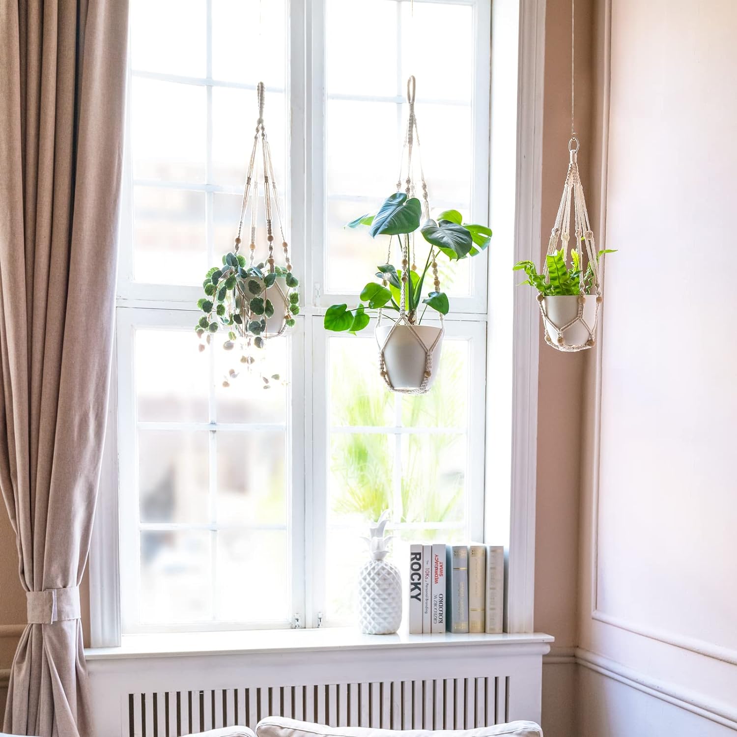 Macramé Plant Hanger with Cotton Cord and Wooden Ring for 9-Inch Pots All Vera Mart