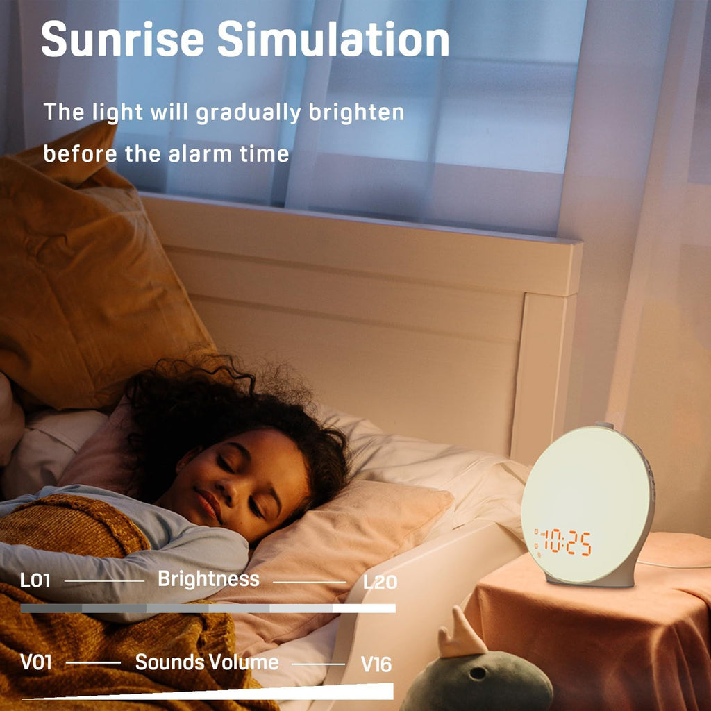 LED Sunrise Alarm Clock with FM Radio and Dual Alarms, 14-Color Light All Vera Mart