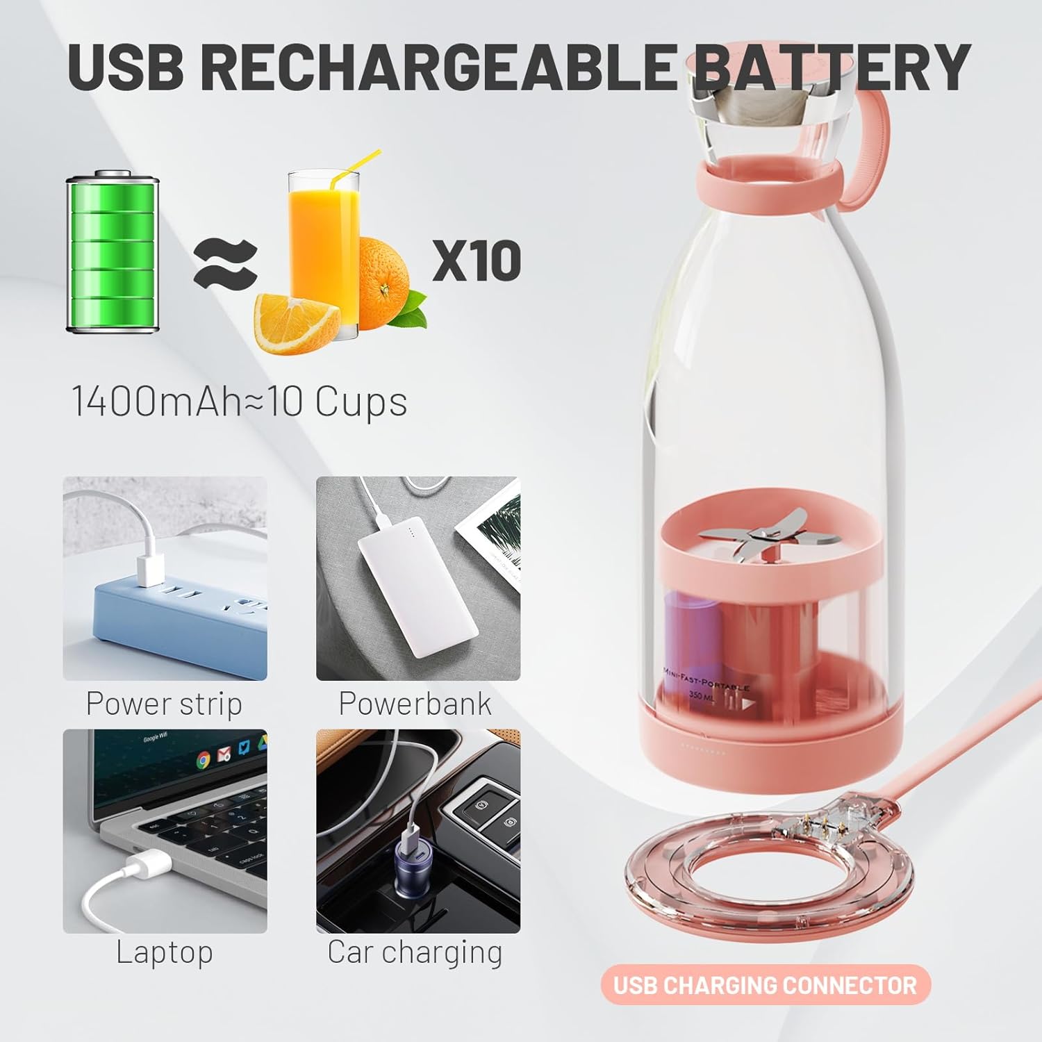 Rechargeable Portable Blender with Stainless Steel Blades and Magnetic Charging, 350ml All Vera Mart