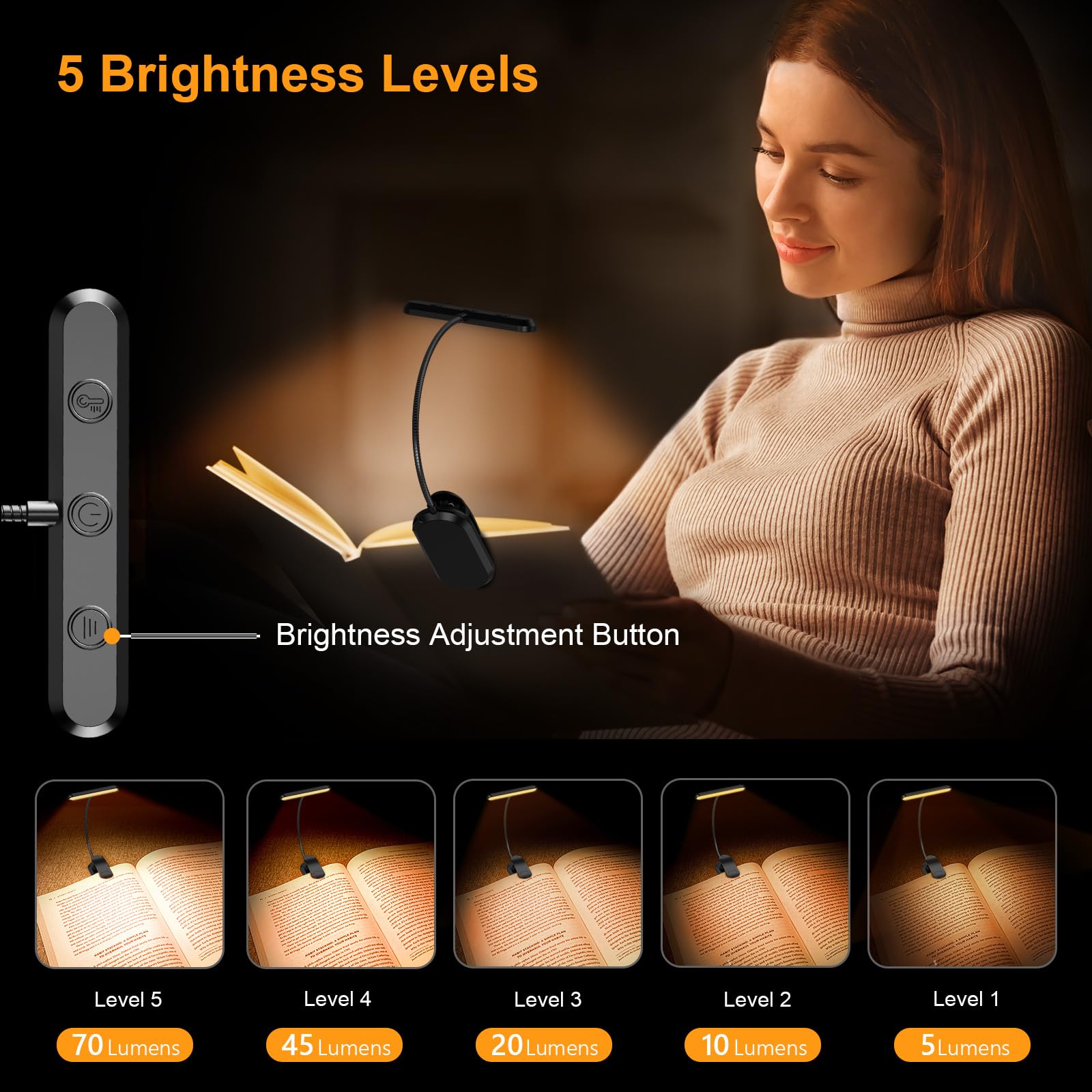 Book Light with Flexible Neck and Wide Beam Head, Rechargeable USB-C All Vera Mart