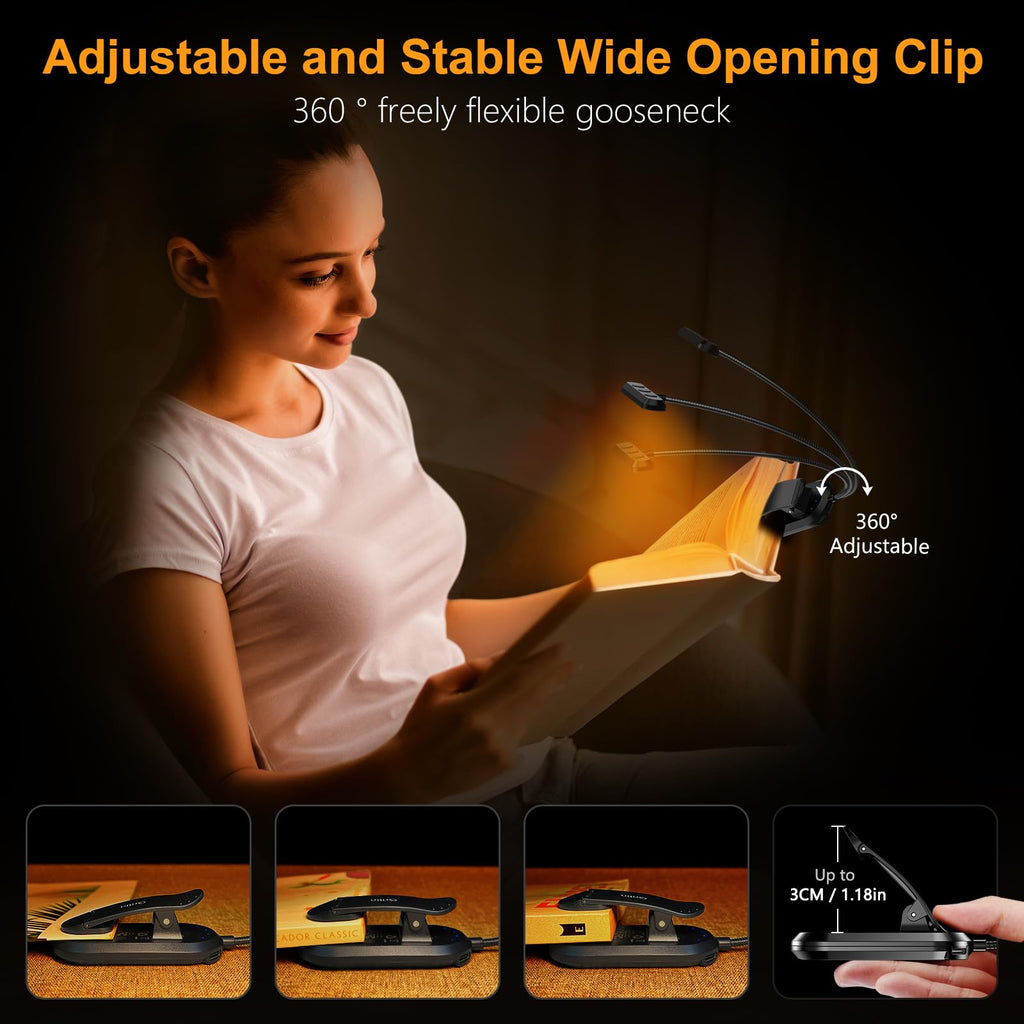 Book Light with Flexible Neck and Wide Beam Head, Rechargeable USB-C All Vera Mart