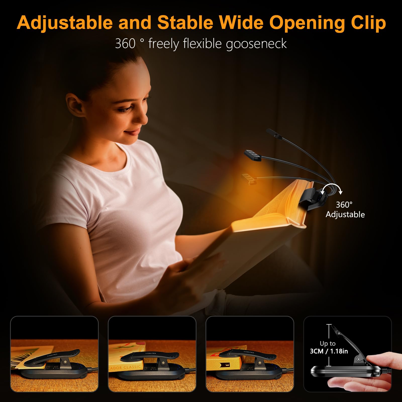Book Light with Flexible Neck and Wide Beam Head, Rechargeable USB-C All Vera Mart