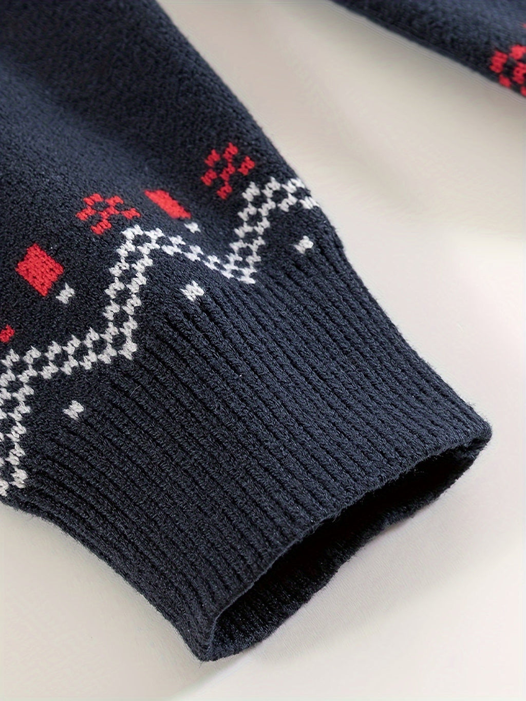 Mens Nordic Snowflake Knit Sweater with Ribbed Cuffs and Hem and a Round Neck in Navy